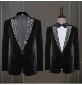 Black velvet with gemstones lapel jazz dance coats for men youth young man singer host choir stage performance host art exam dress suit emcee trendy blazers jacket